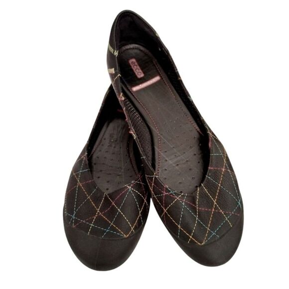 ECCO Black Rainbow Stitching Round Toe Leather Flats Size 38 US 7/ 7.5 - Picture 1 of 16